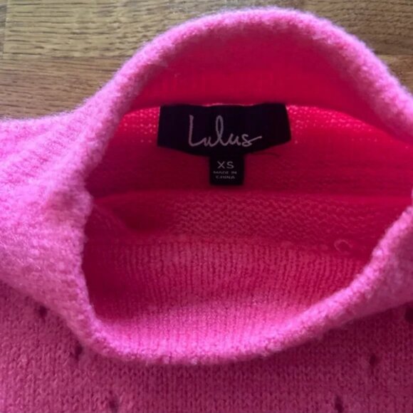 LULUS Cool Points Hot Pink Pointelle Cropped Sweater Neon Mock Neck XS Fuzzy - Picture 3 of 4